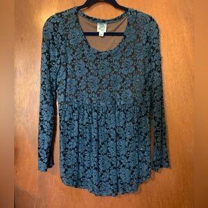 Ivy Jane Babydoll Mesh Floral Long Sleeve XS Blue Black Brown